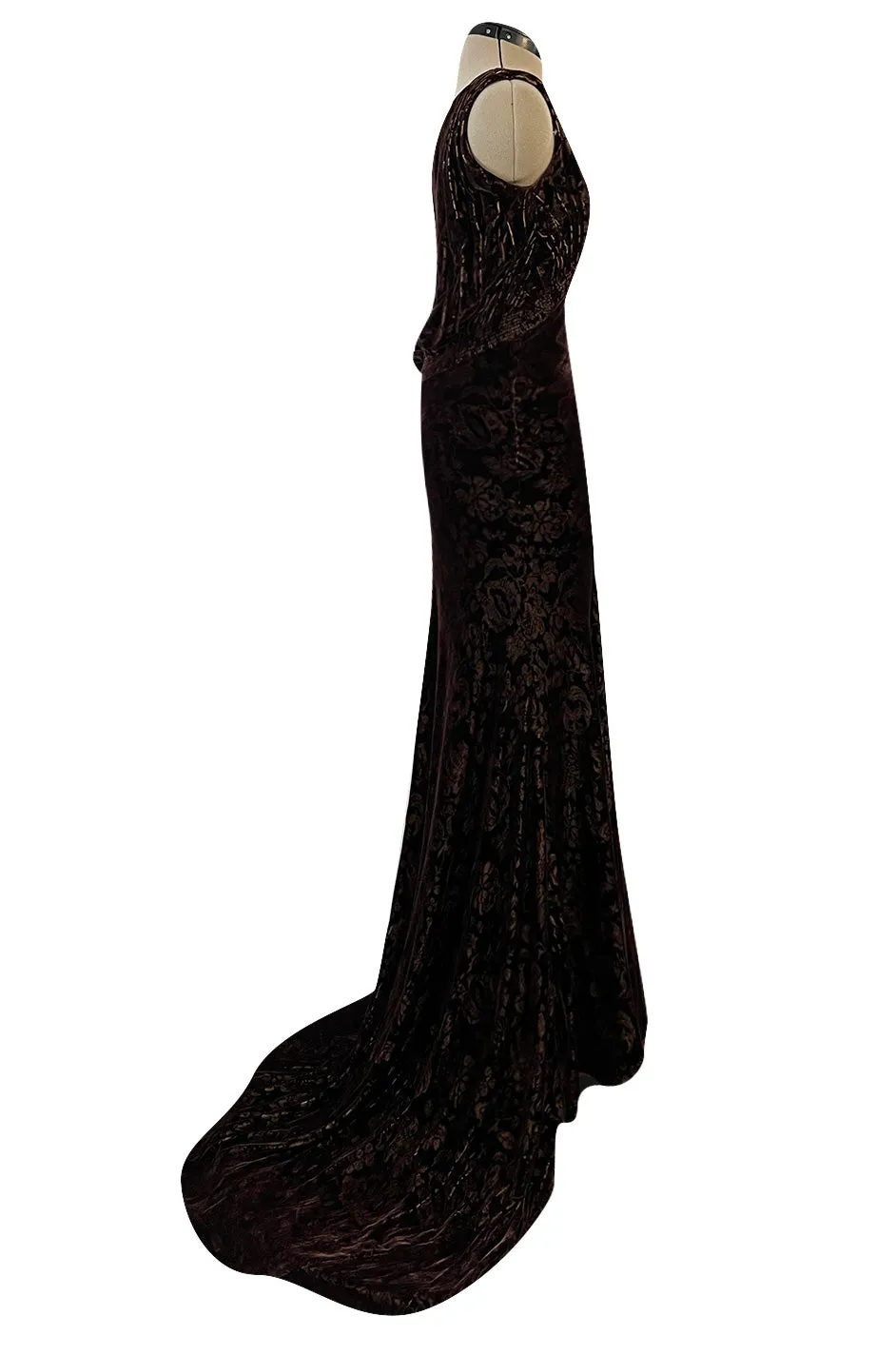 Documented Fall 2004 Richard Tyler Brown Printed Floral Velvet & Beaded Dress w Train & Plunge Back