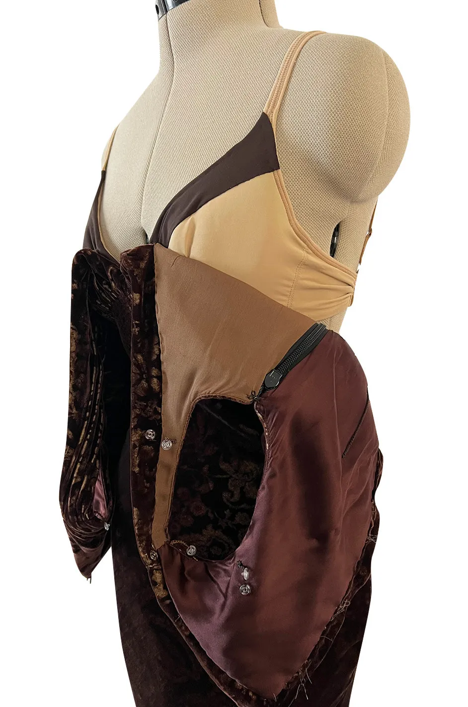 Documented Fall 2004 Richard Tyler Brown Printed Floral Velvet & Beaded Dress w Train & Plunge Back