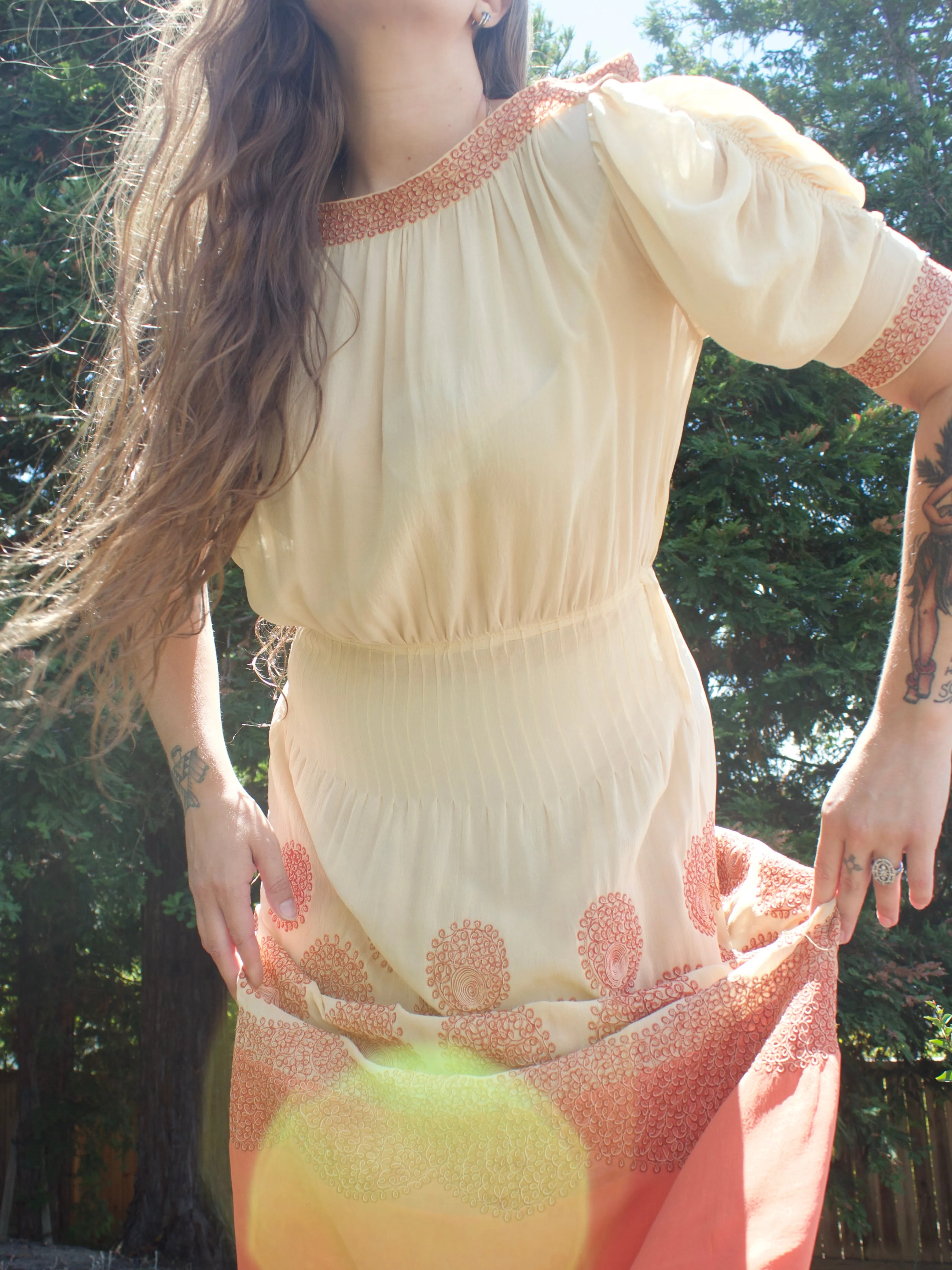 Early 1930s Saffron Embroidered Ecru Silk Crepe Ruched Sleeve Dress