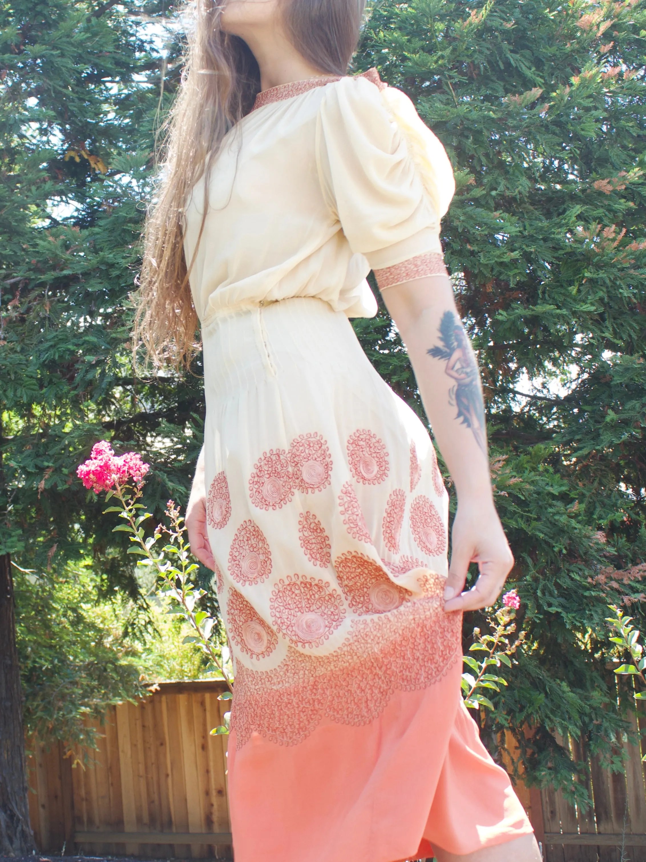 Early 1930s Saffron Embroidered Ecru Silk Crepe Ruched Sleeve Dress