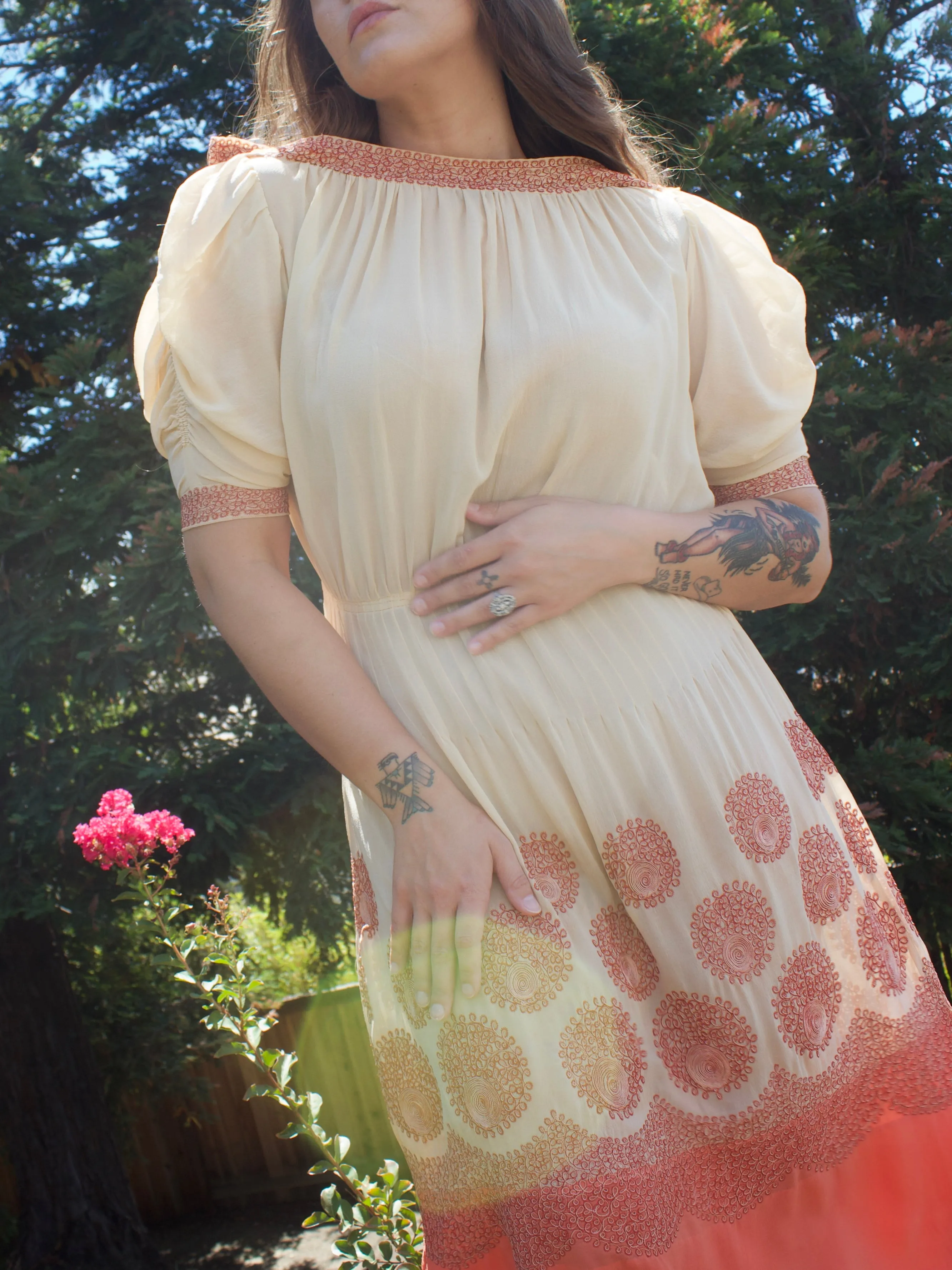 Early 1930s Saffron Embroidered Ecru Silk Crepe Ruched Sleeve Dress