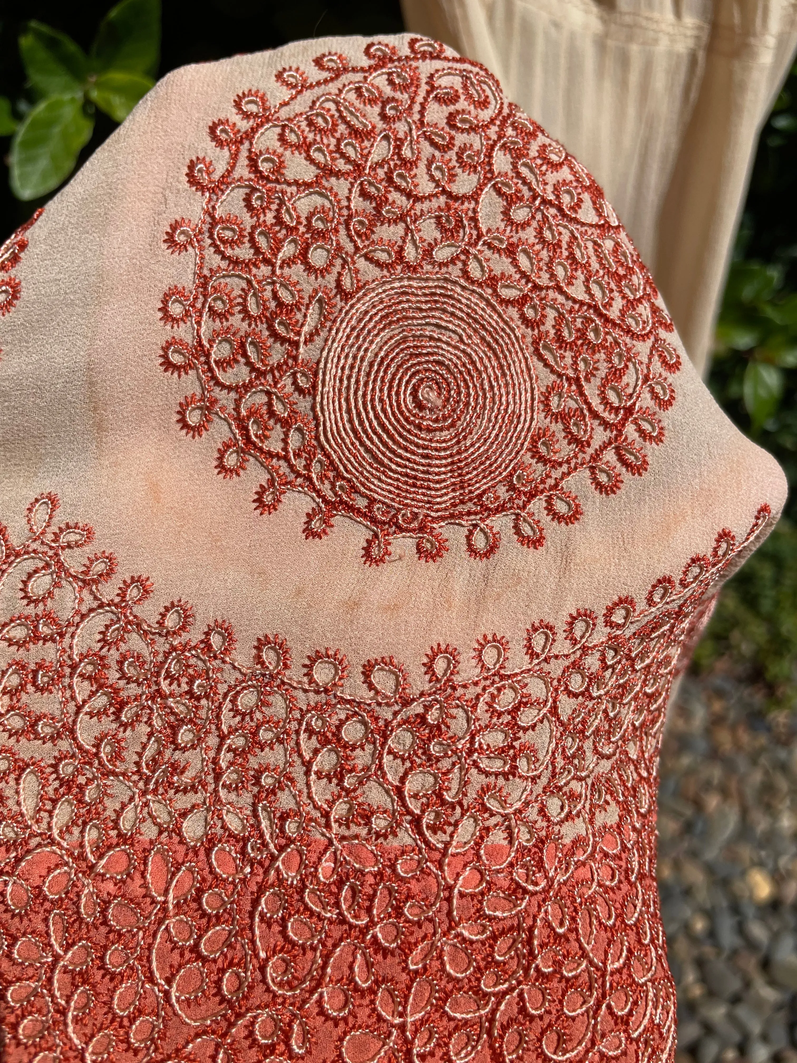 Early 1930s Saffron Embroidered Ecru Silk Crepe Ruched Sleeve Dress