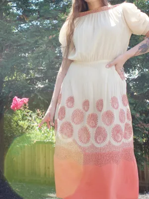 Early 1930s Saffron Embroidered Ecru Silk Crepe Ruched Sleeve Dress