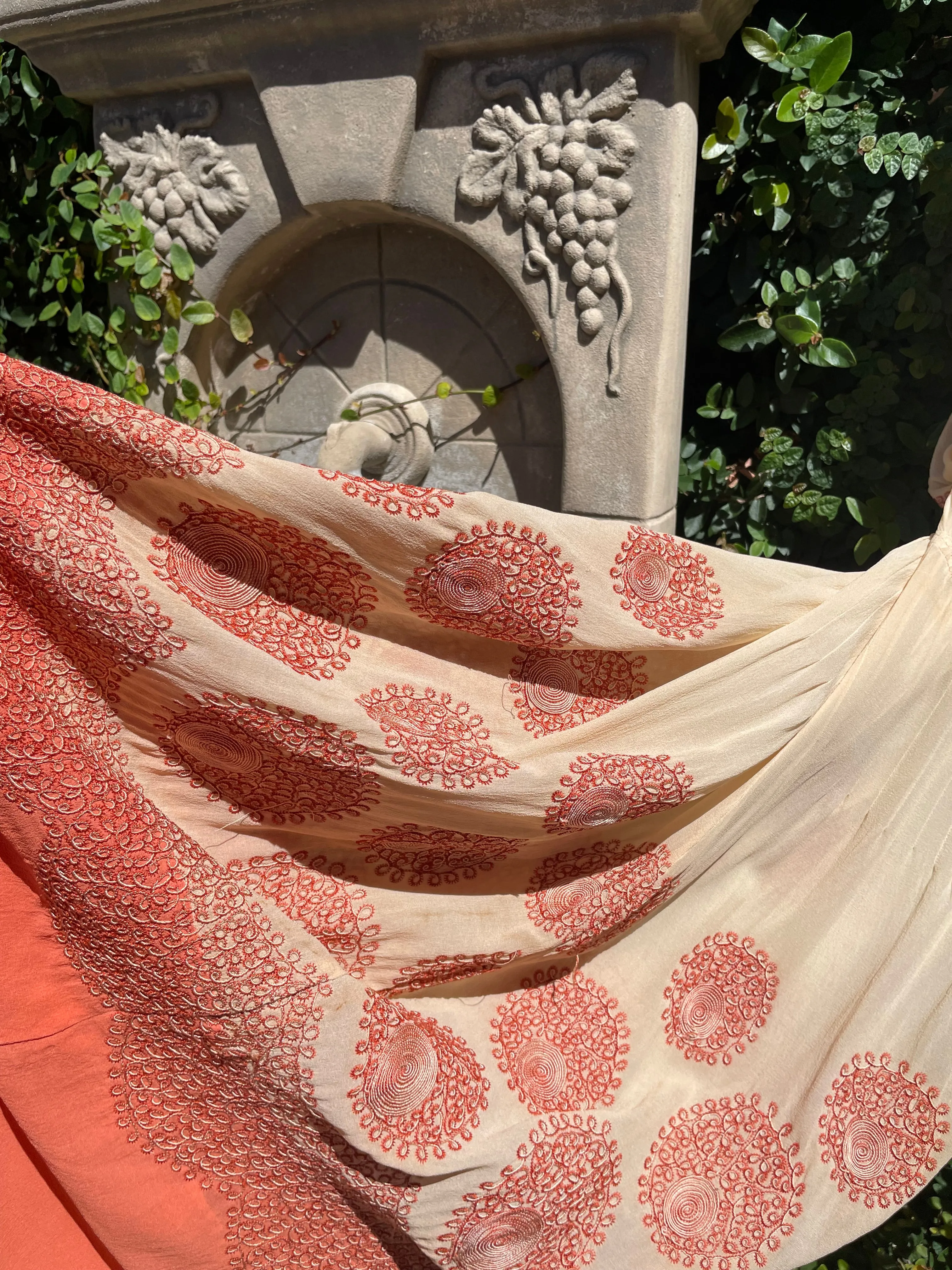 Early 1930s Saffron Embroidered Ecru Silk Crepe Ruched Sleeve Dress
