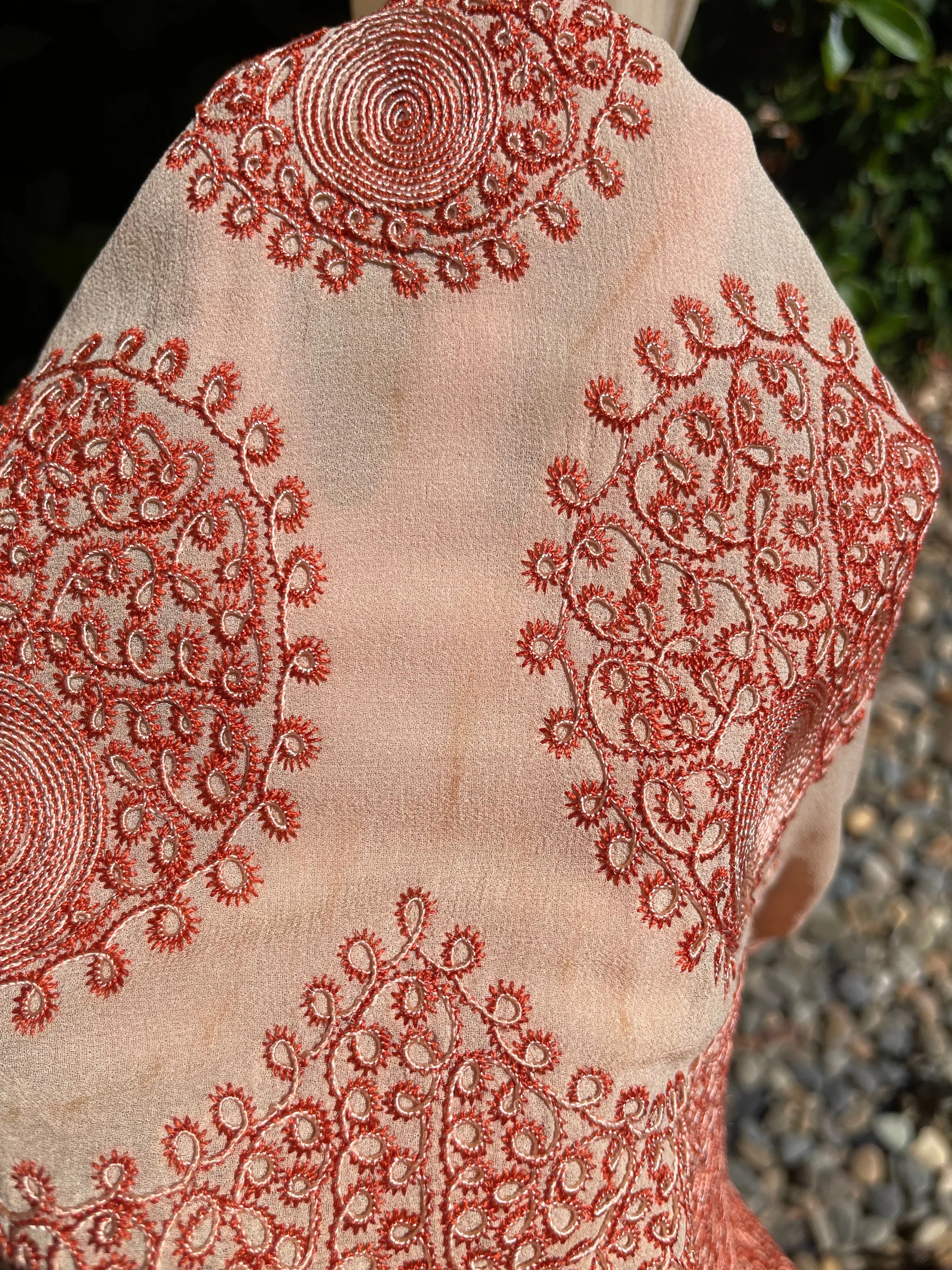 Early 1930s Saffron Embroidered Ecru Silk Crepe Ruched Sleeve Dress