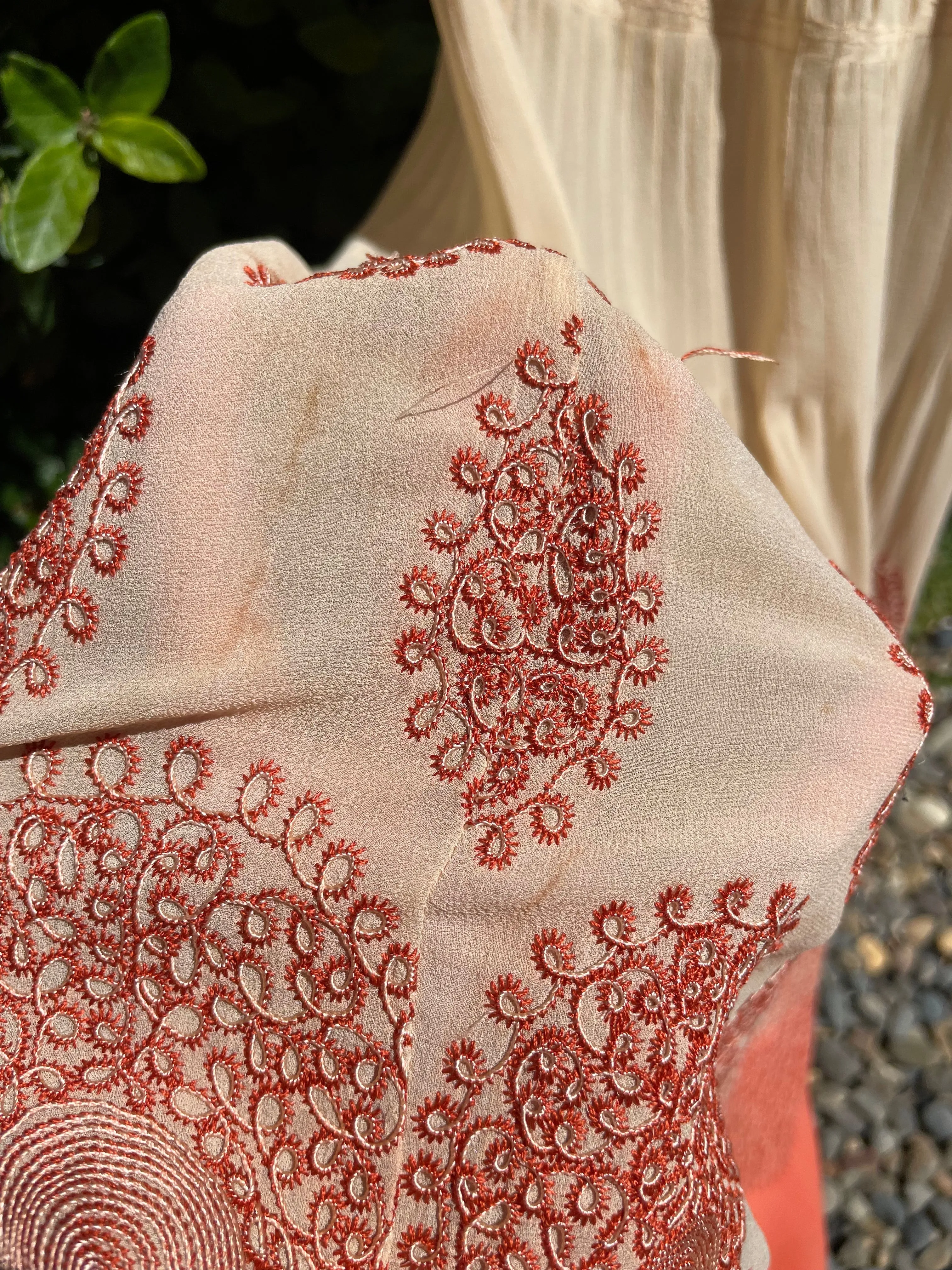 Early 1930s Saffron Embroidered Ecru Silk Crepe Ruched Sleeve Dress