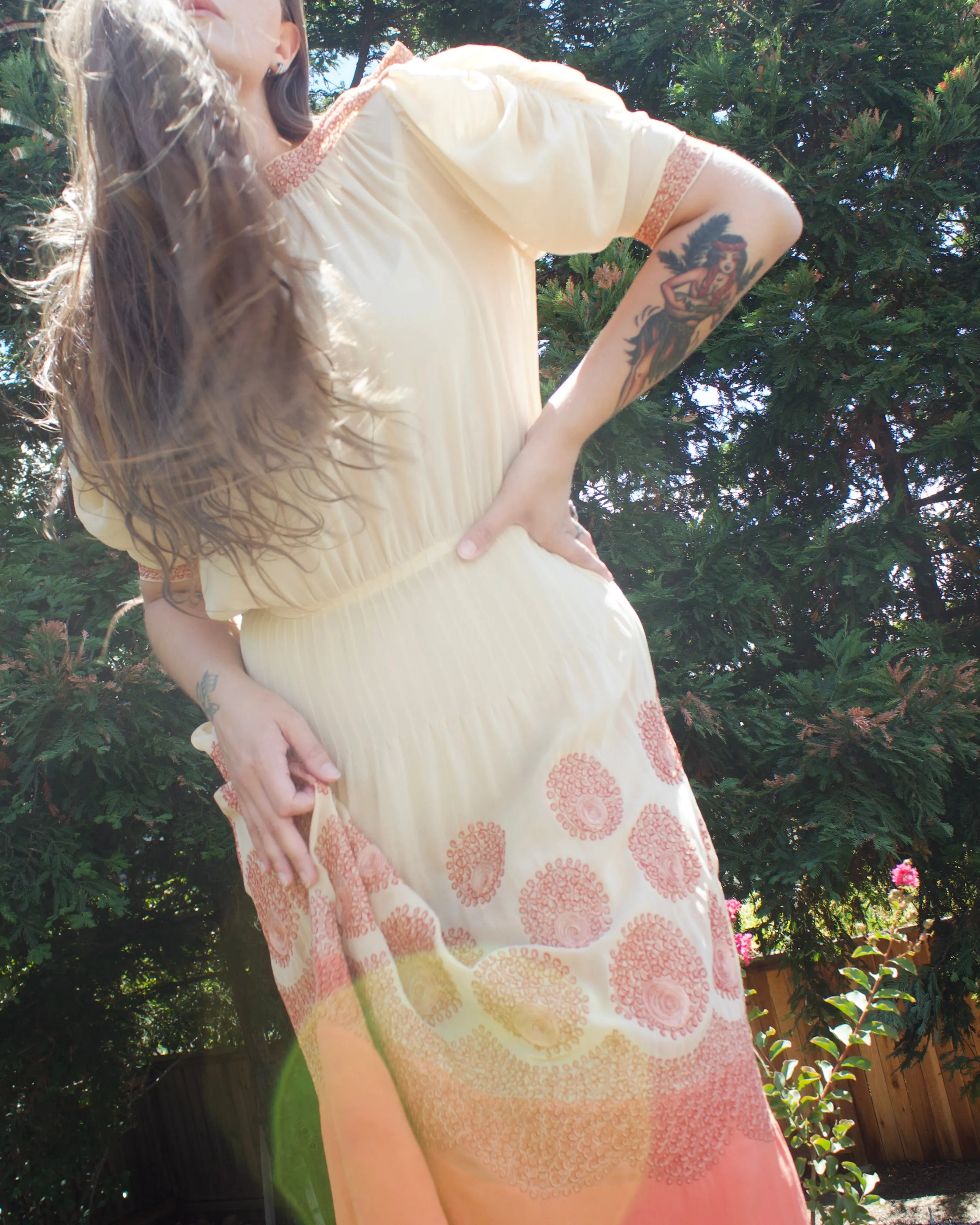 Early 1930s Saffron Embroidered Ecru Silk Crepe Ruched Sleeve Dress