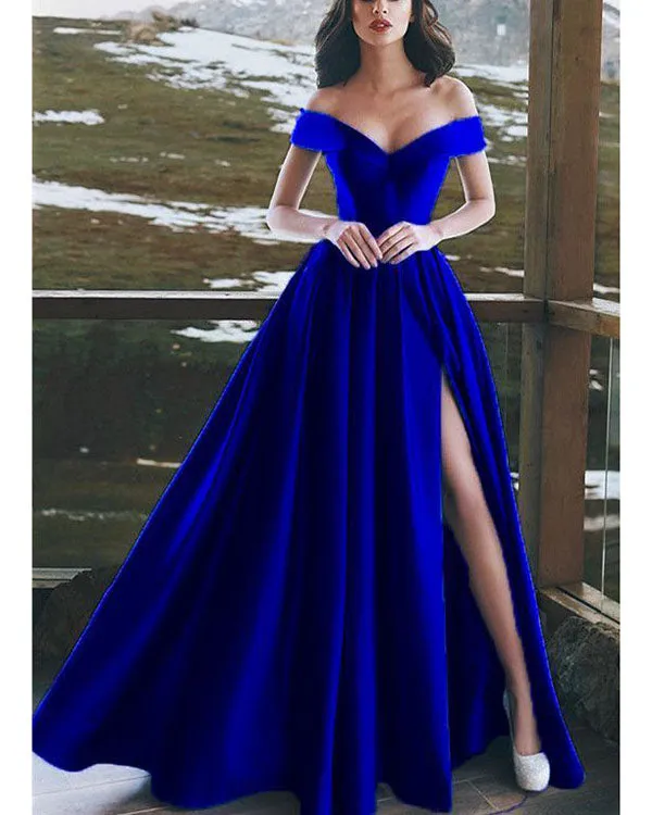 Elegant 2018 Hunter Green Satin Prom Dresses Off The Shoulder Long Prom Gowns for Party New Arrival