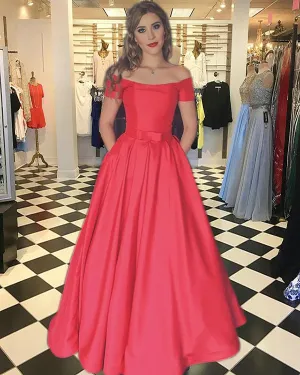 Elegant 2018 Red Satin Prom Dresses with Cap Sleeves Popular Prom Party Gowns with Bow