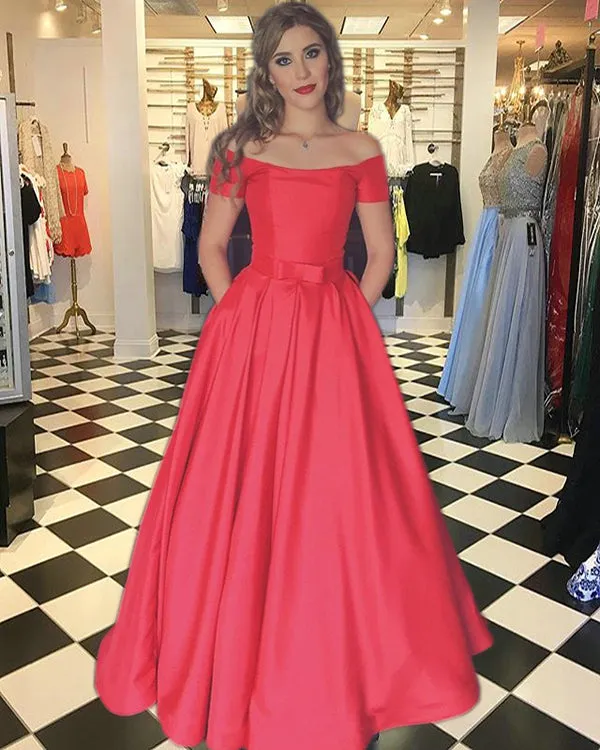 Elegant 2018 Red Satin Prom Dresses with Cap Sleeves Popular Prom Party Gowns with Bow