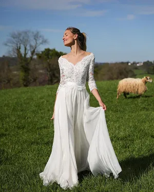 Elegant 2020 Lace Wedding Dresses with V-Neck 3/4 Lace Sleeve Chiffon A-line Bridal Gowns
