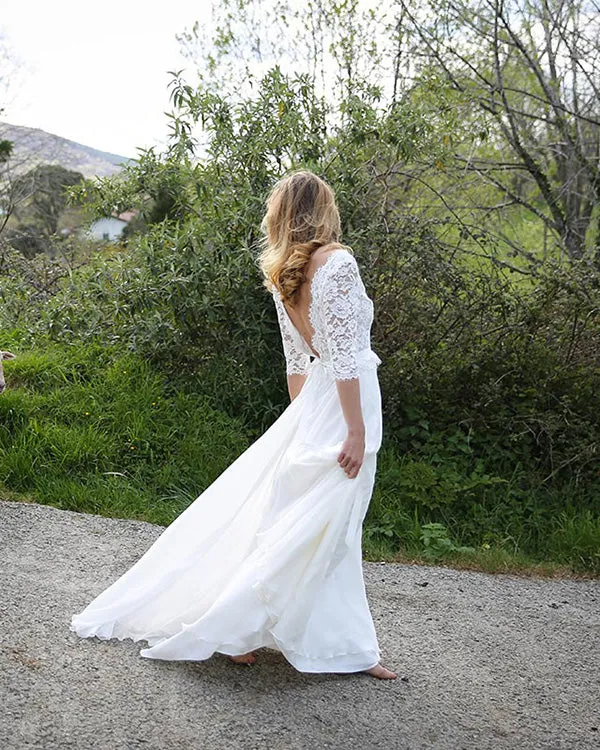 Elegant 2020 Lace Wedding Dresses with V-Neck 3/4 Lace Sleeve Chiffon A-line Bridal Gowns
