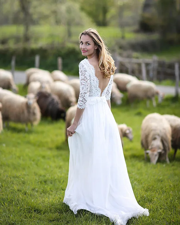 Elegant 2020 Lace Wedding Dresses with V-Neck 3/4 Lace Sleeve Chiffon A-line Bridal Gowns