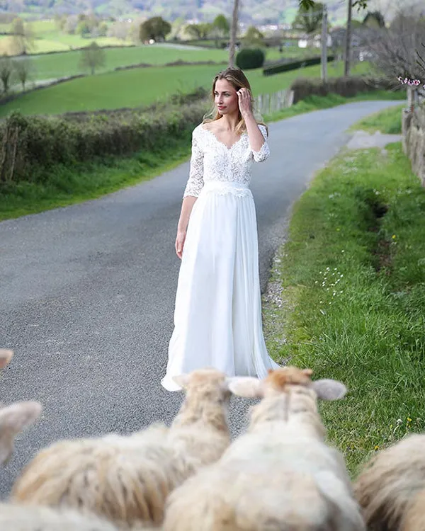 Elegant 2020 Lace Wedding Dresses with V-Neck 3/4 Lace Sleeve Chiffon A-line Bridal Gowns