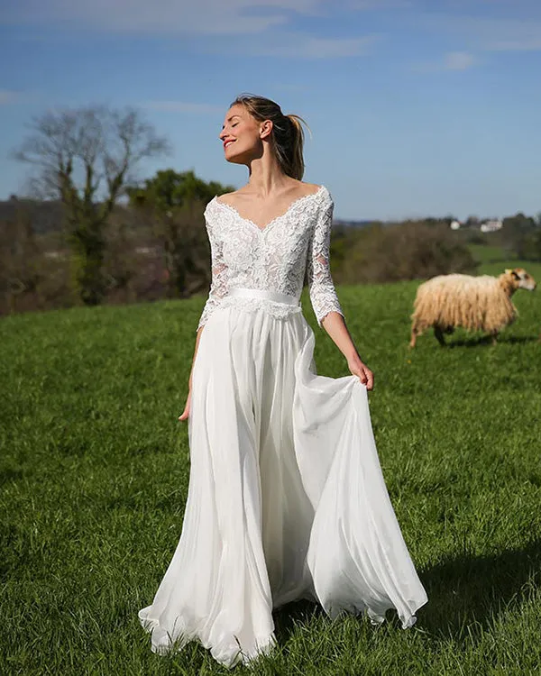 Elegant 2020 Lace Wedding Dresses with V-Neck 3/4 Lace Sleeve Chiffon A-line Bridal Gowns