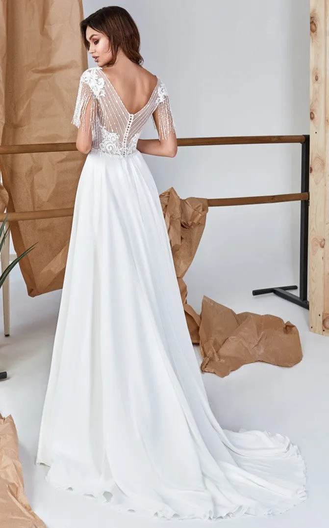 Elegant A-Line Lace Chiffon V-neck Wedding Dress with Split Front and Appliques-716462