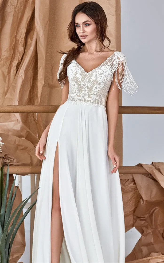 Elegant A-Line Lace Chiffon V-neck Wedding Dress with Split Front and Appliques-716462