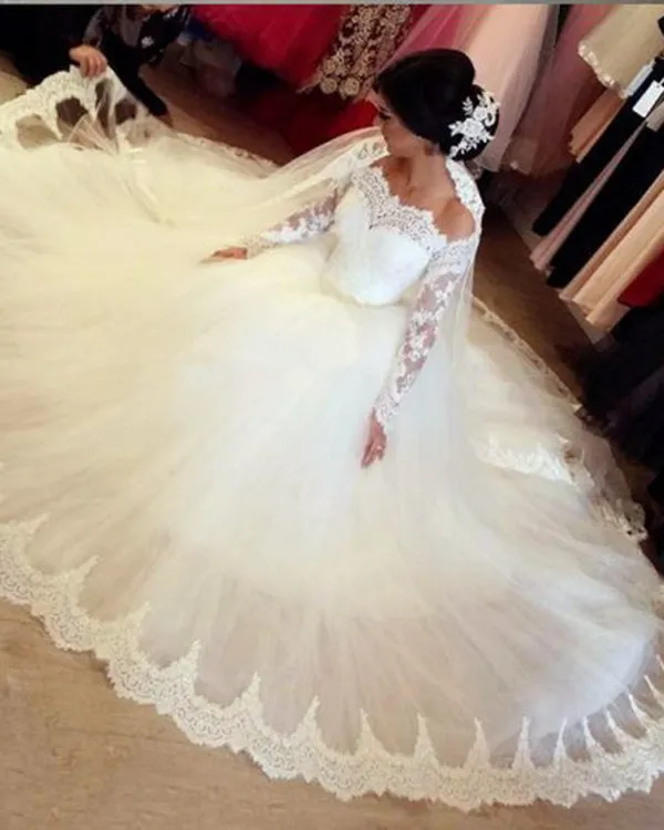 Elegant Full Sleeve Lace Wedding Dresses with Appliques 2019 Puffy Tulle Bridal Dress Ball Gown