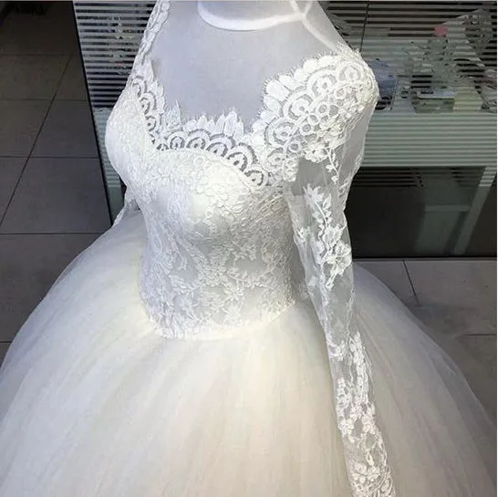 Elegant Full Sleeve Lace Wedding Dresses with Appliques 2019 Puffy Tulle Bridal Dress Ball Gown