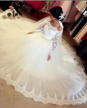 Elegant Full Sleeve Lace Wedding Dresses with Appliques 2019 Puffy Tulle Bridal Dress Ball Gown