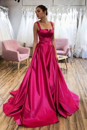 Elegant Hot Pink Satin A-line Spaghetti Straps Prom Dresses, Formal Dress, MP645