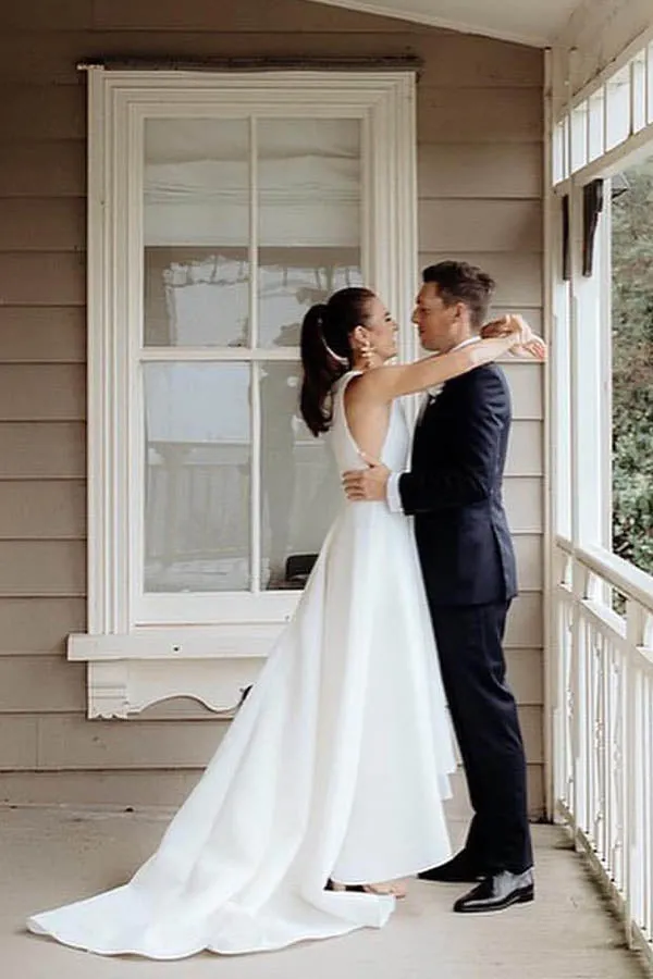 Elegant Round Neck Satin Long Wedding Dresses with Pockets,Simple Wedding Gown,MW401