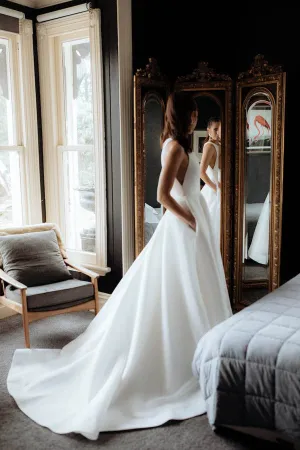 Elegant Round Neck Satin Long Wedding Dresses with Pockets,Simple Wedding Gown,MW401
