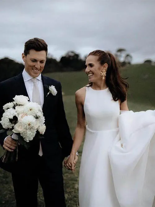 Elegant Round Neck Satin Long Wedding Dresses with Pockets,Simple Wedding Gown,MW401