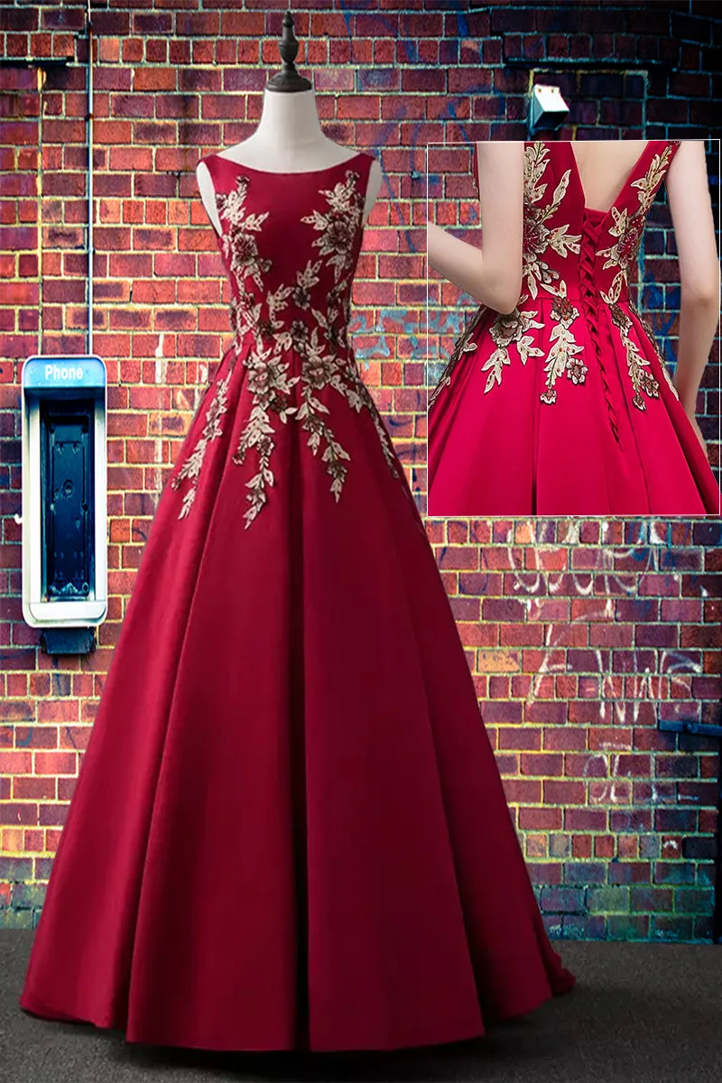 Elegant Satin Long Party Dress with Lace Applique, Dark Red Long Prom Dress