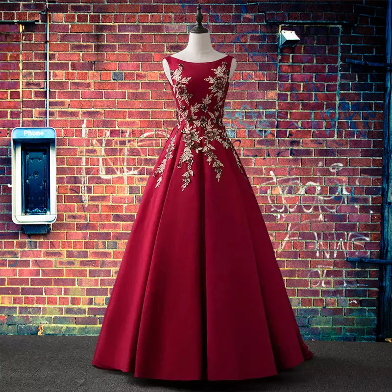 Elegant Satin Long Party Dress with Lace Applique, Dark Red Long Prom Dress