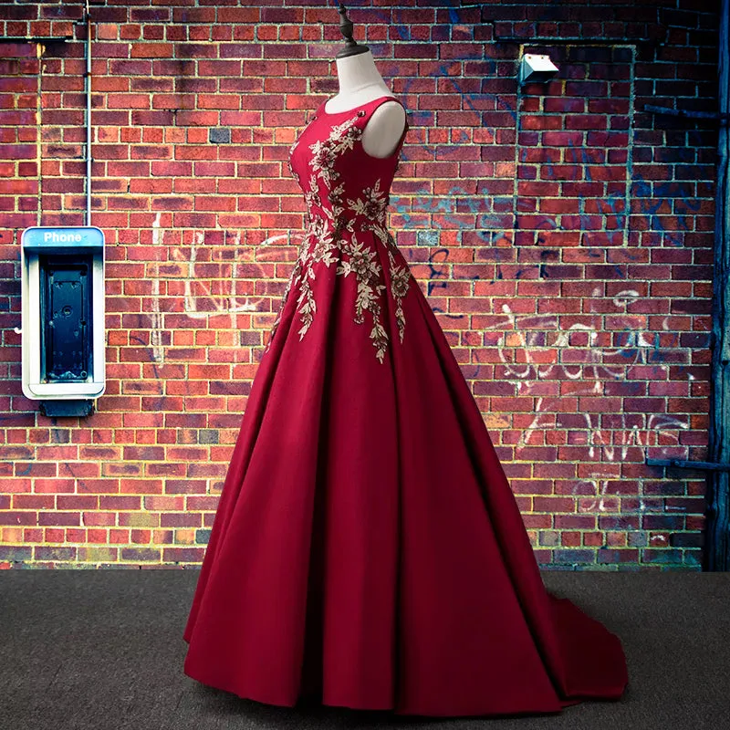 Elegant Satin Long Party Dress with Lace Applique, Dark Red Long Prom Dress