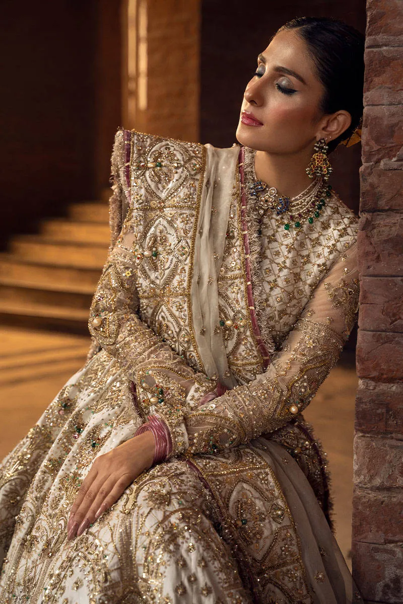 Embellished Pakistani Bridal Dress in Alluring White and Gold Lehenga Choli Dupatta Style