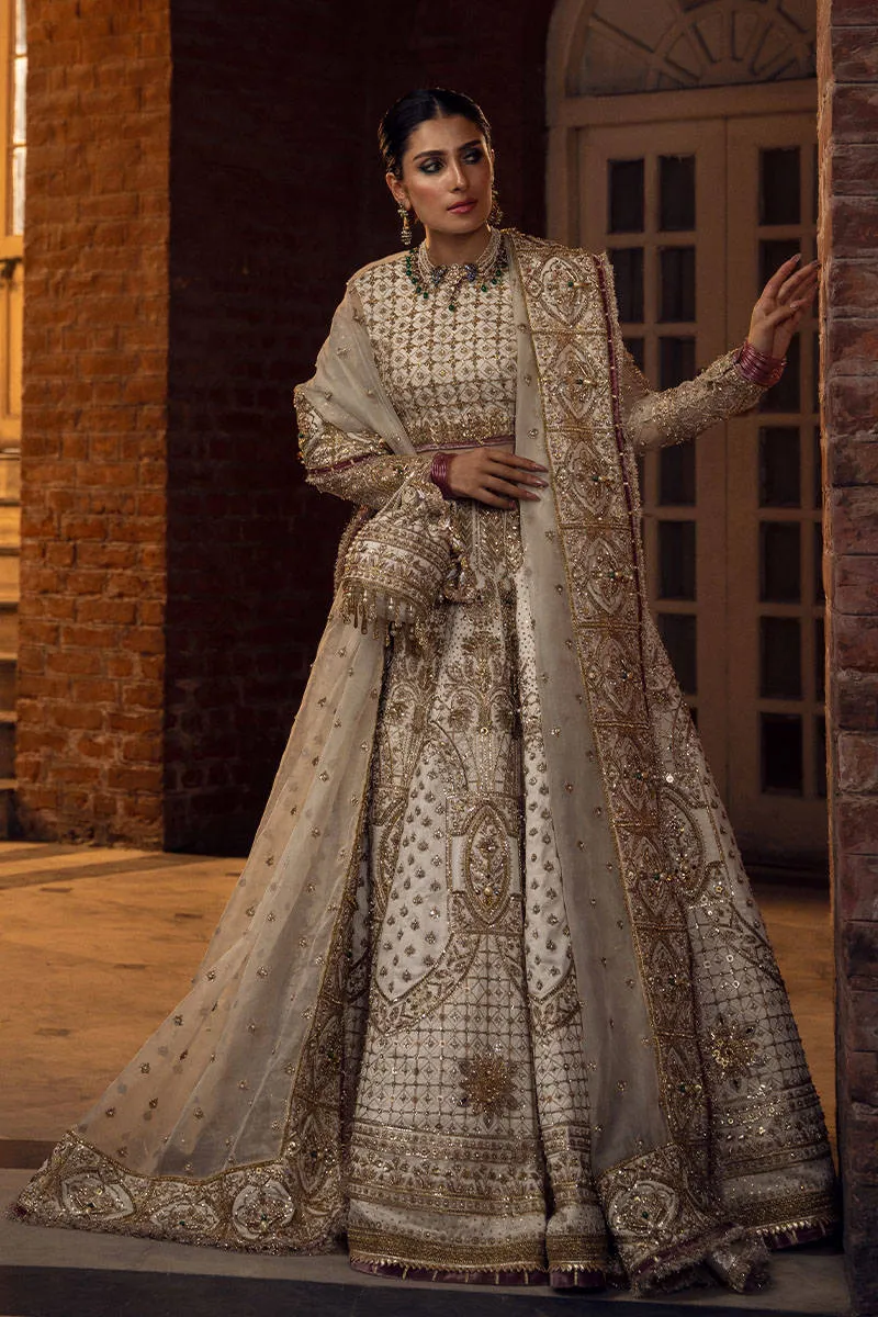 Embellished Pakistani Bridal Dress in Alluring White and Gold Lehenga Choli Dupatta Style