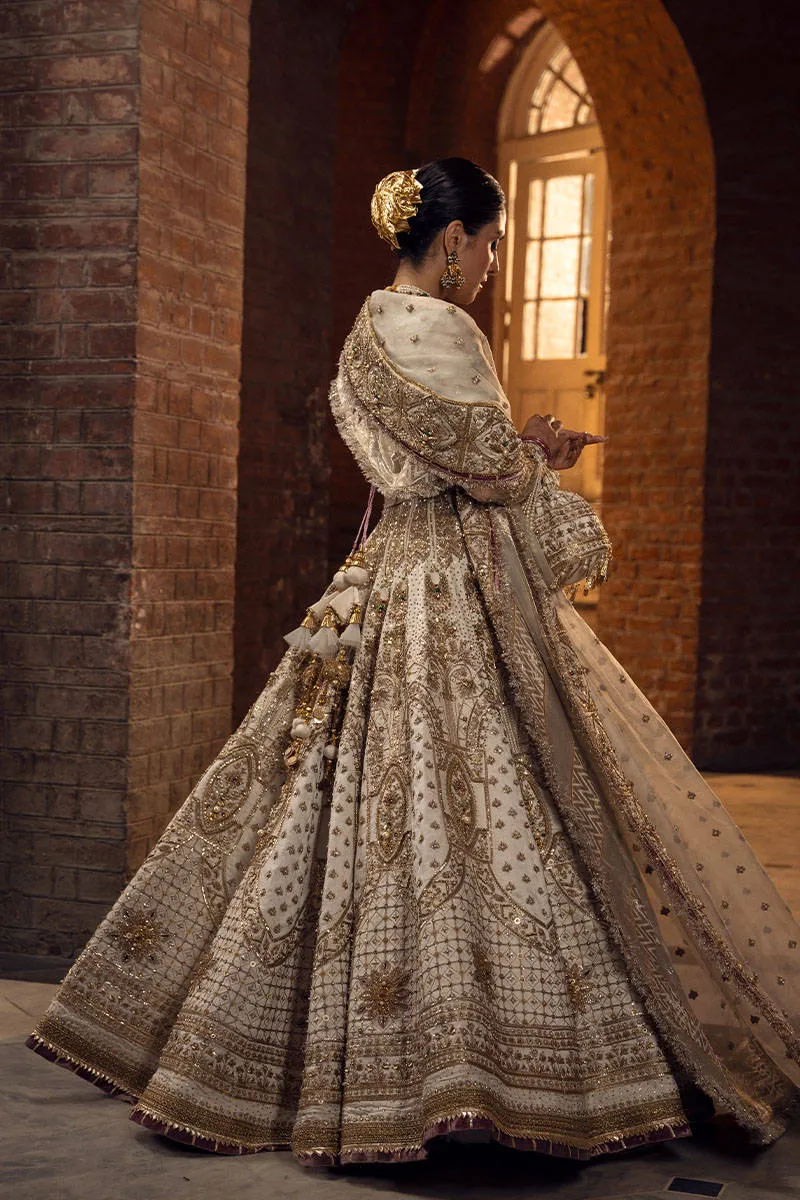 Embellished Pakistani Bridal Dress in Alluring White and Gold Lehenga Choli Dupatta Style