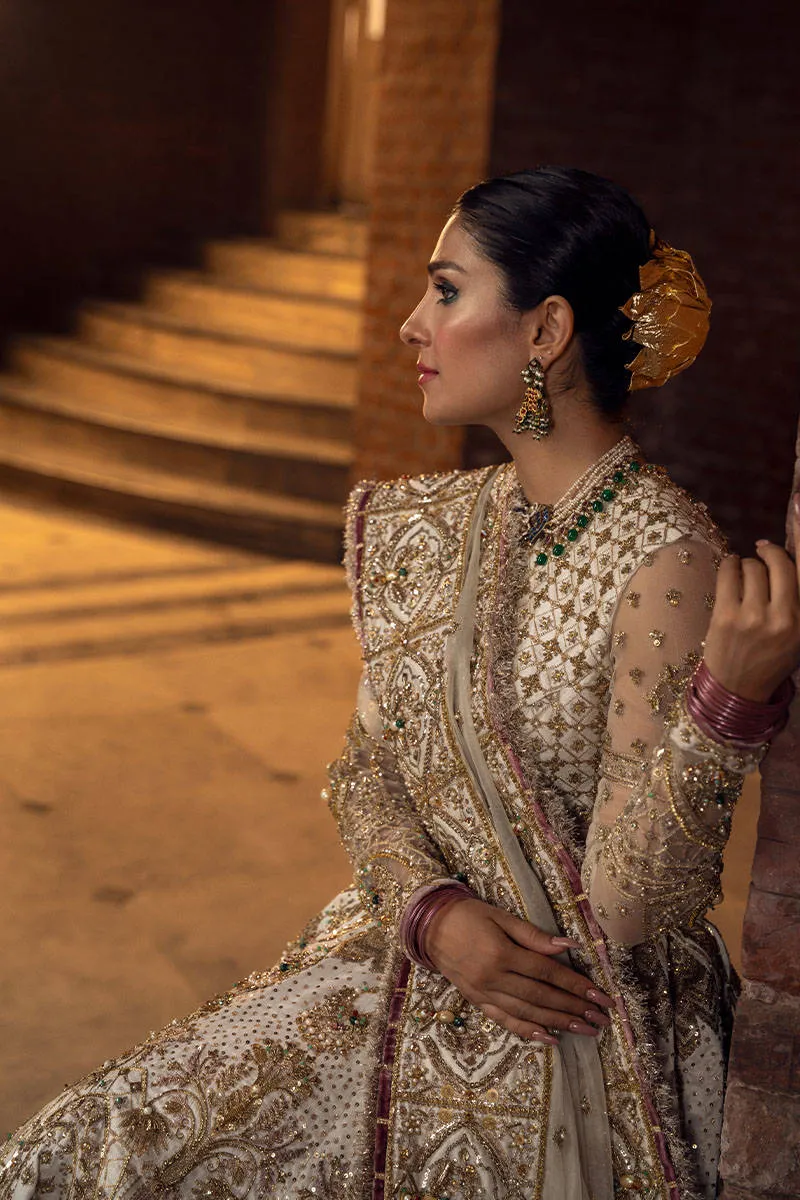 Embellished Pakistani Bridal Dress in Alluring White and Gold Lehenga Choli Dupatta Style