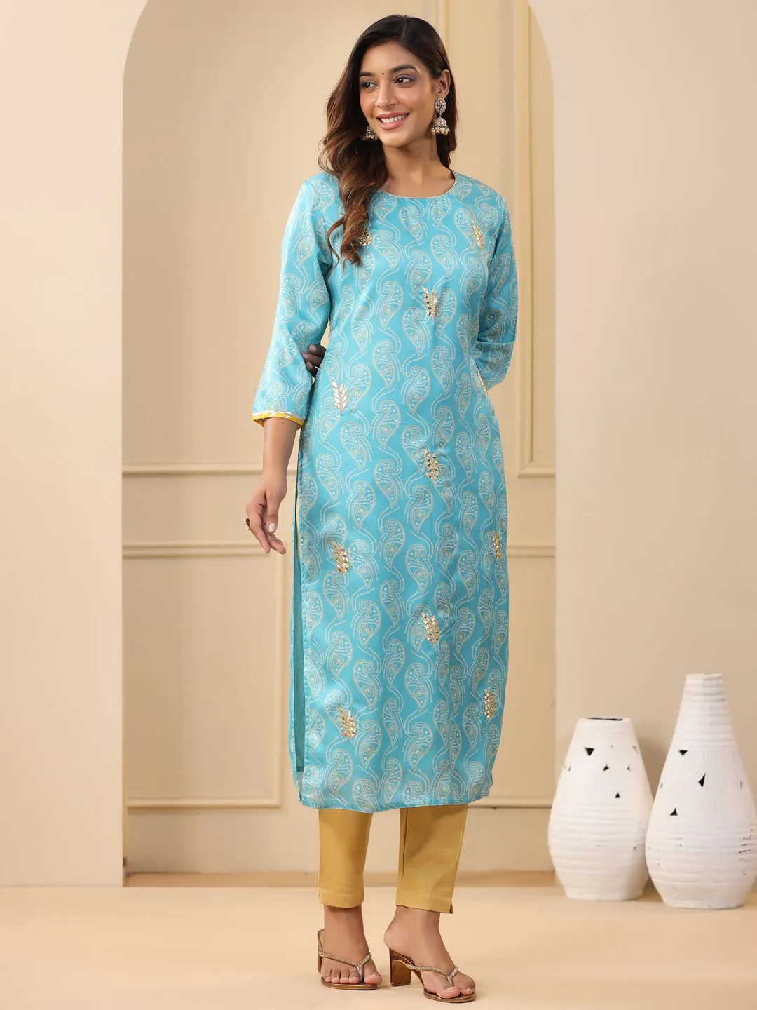 Embroidered Art Silk Blue Printed Straight Kurta With Cream Pants