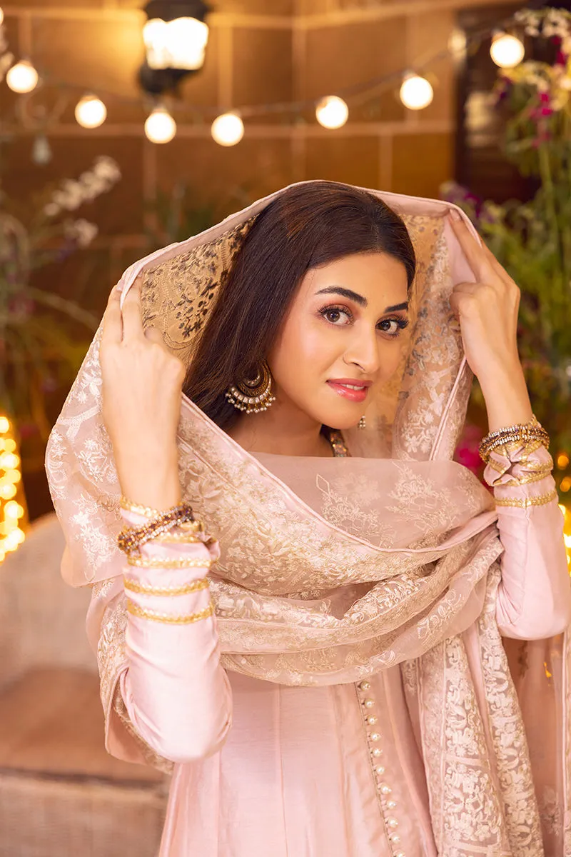 Embroidered Pink Silk Long Frock Dupatta Pakistani Party Dresses