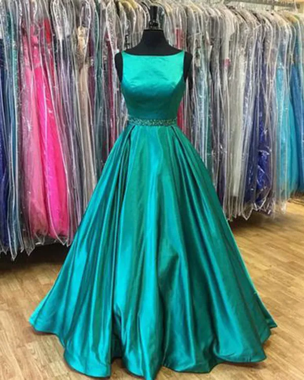 Emerald Green Satin Prom Dresses with Pockets 2019 New Arrival Long Party Gowns Beaded