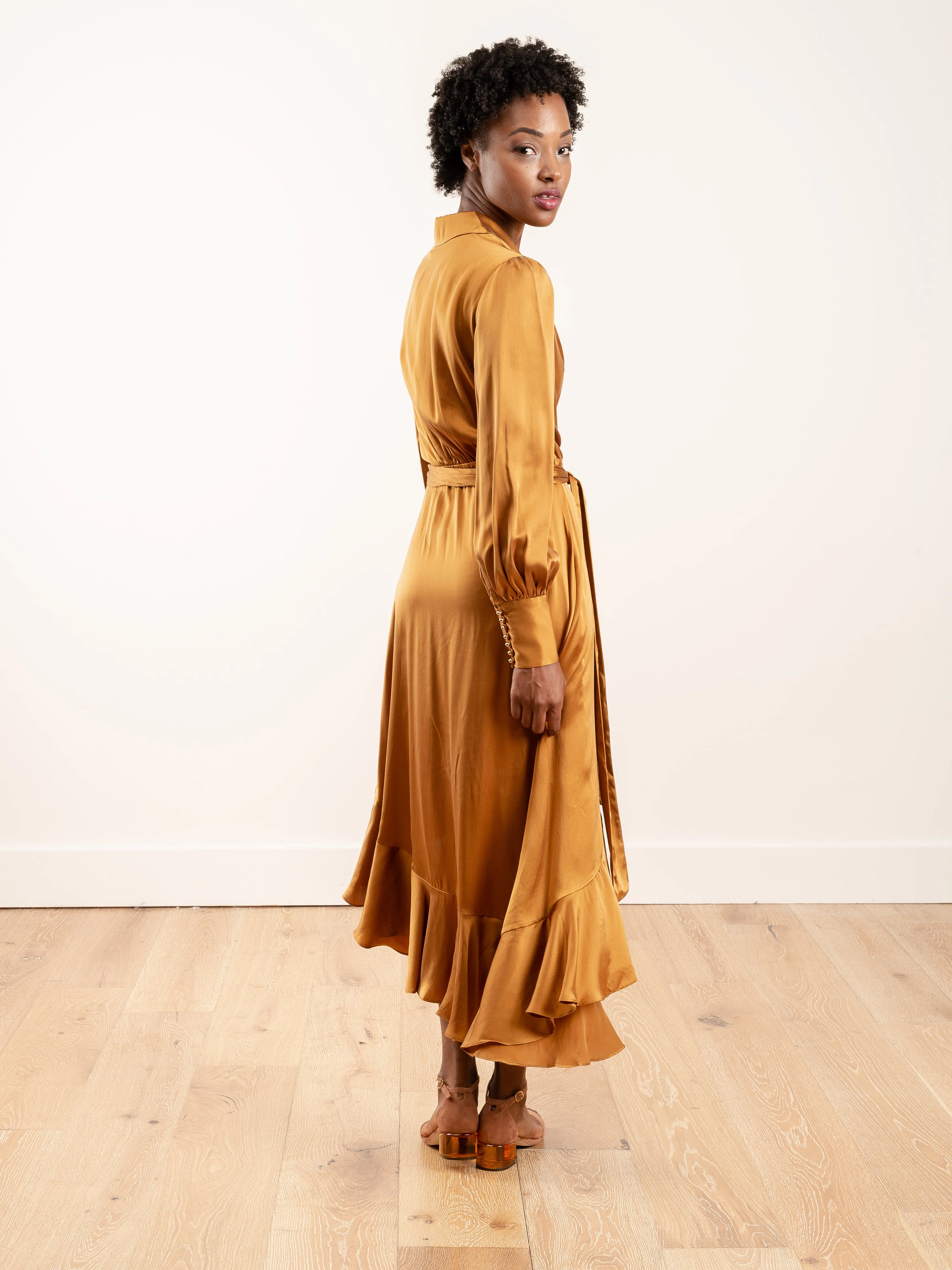 espionage silk wrap midi - broonze