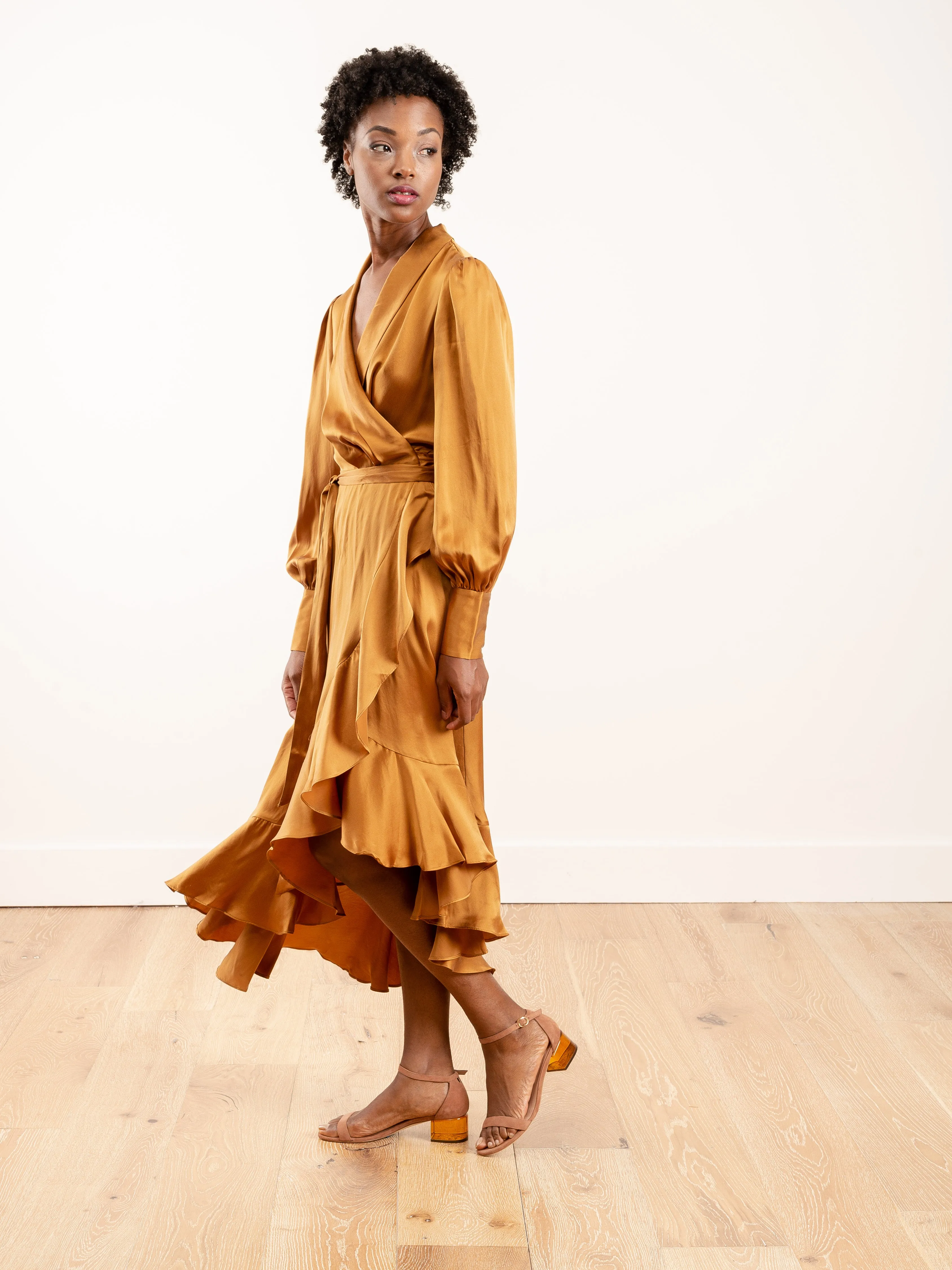 espionage silk wrap midi - broonze