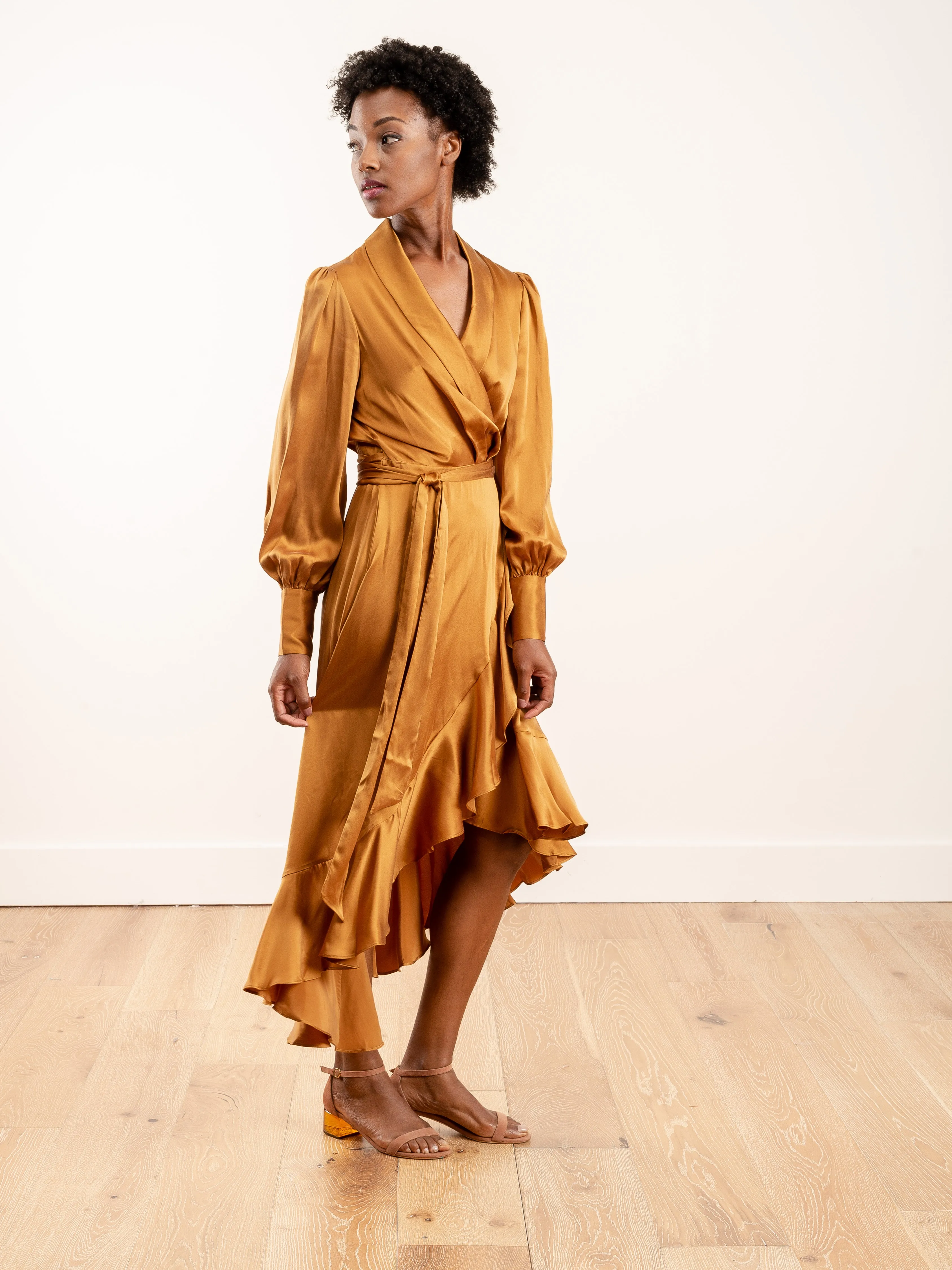 espionage silk wrap midi - broonze