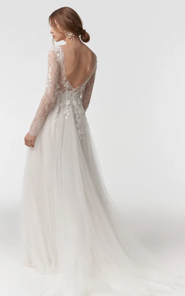 Ethereal A Line V-neck Lace Tulle Long Sleeve Sweep Train Wedding Dress with Appliques and Open Back-715908