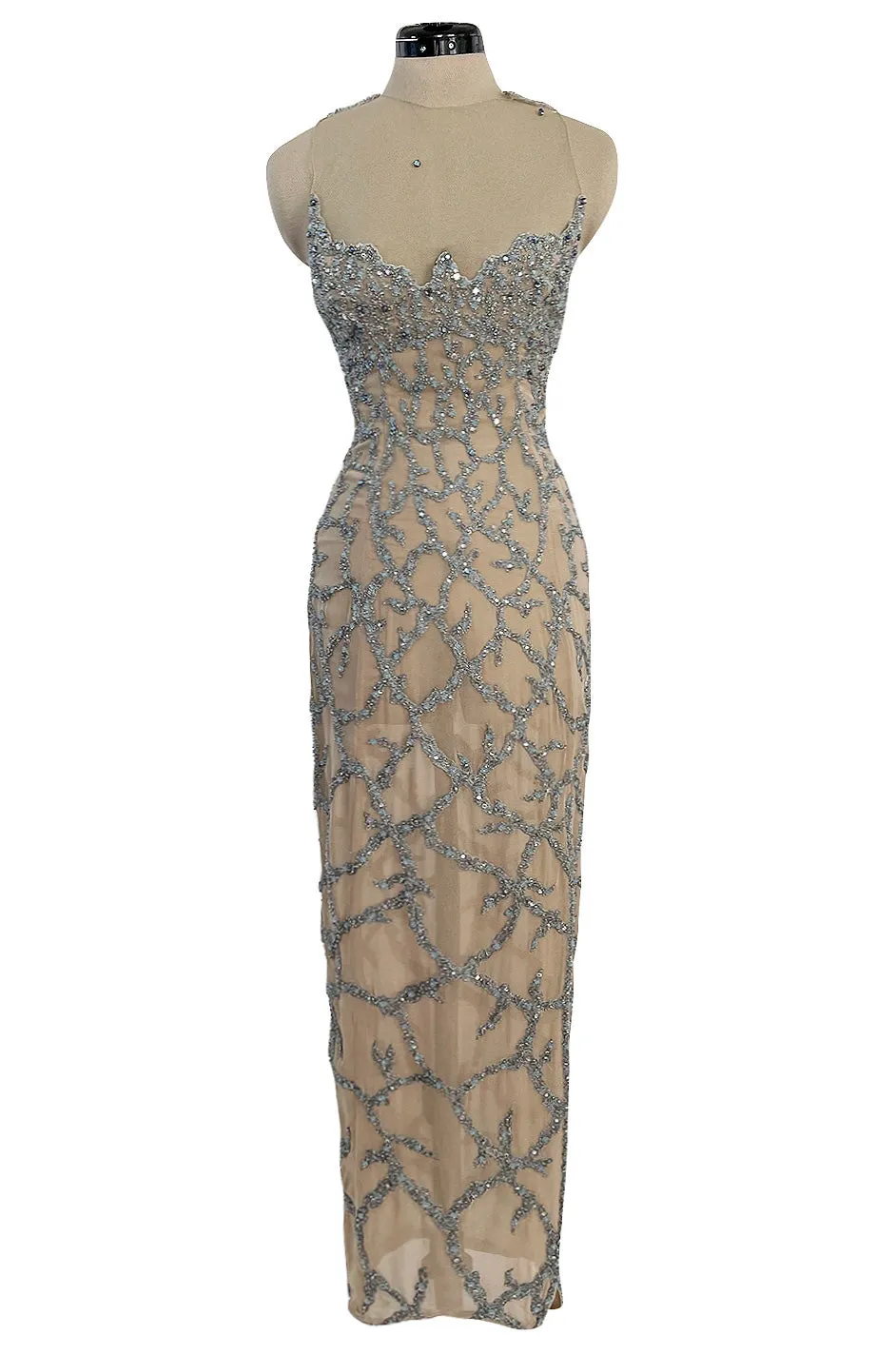 Exquisite 1985 John Anthony Nude Silk Chiffon & Net Dress w Silver Chain Rhinestones and Beads