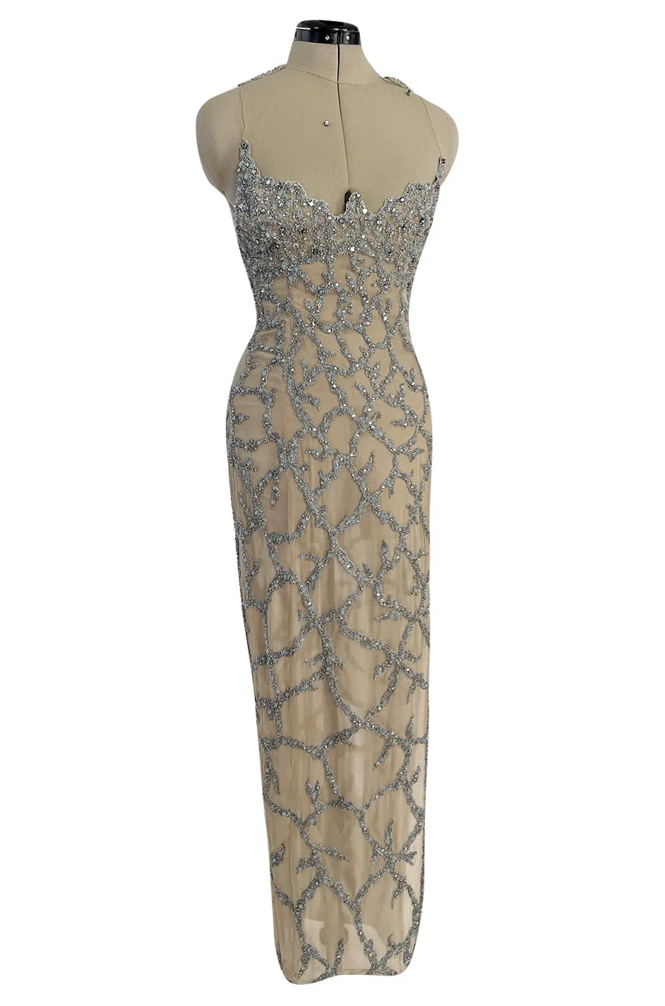 Exquisite 1985 John Anthony Nude Silk Chiffon & Net Dress w Silver Chain Rhinestones and Beads