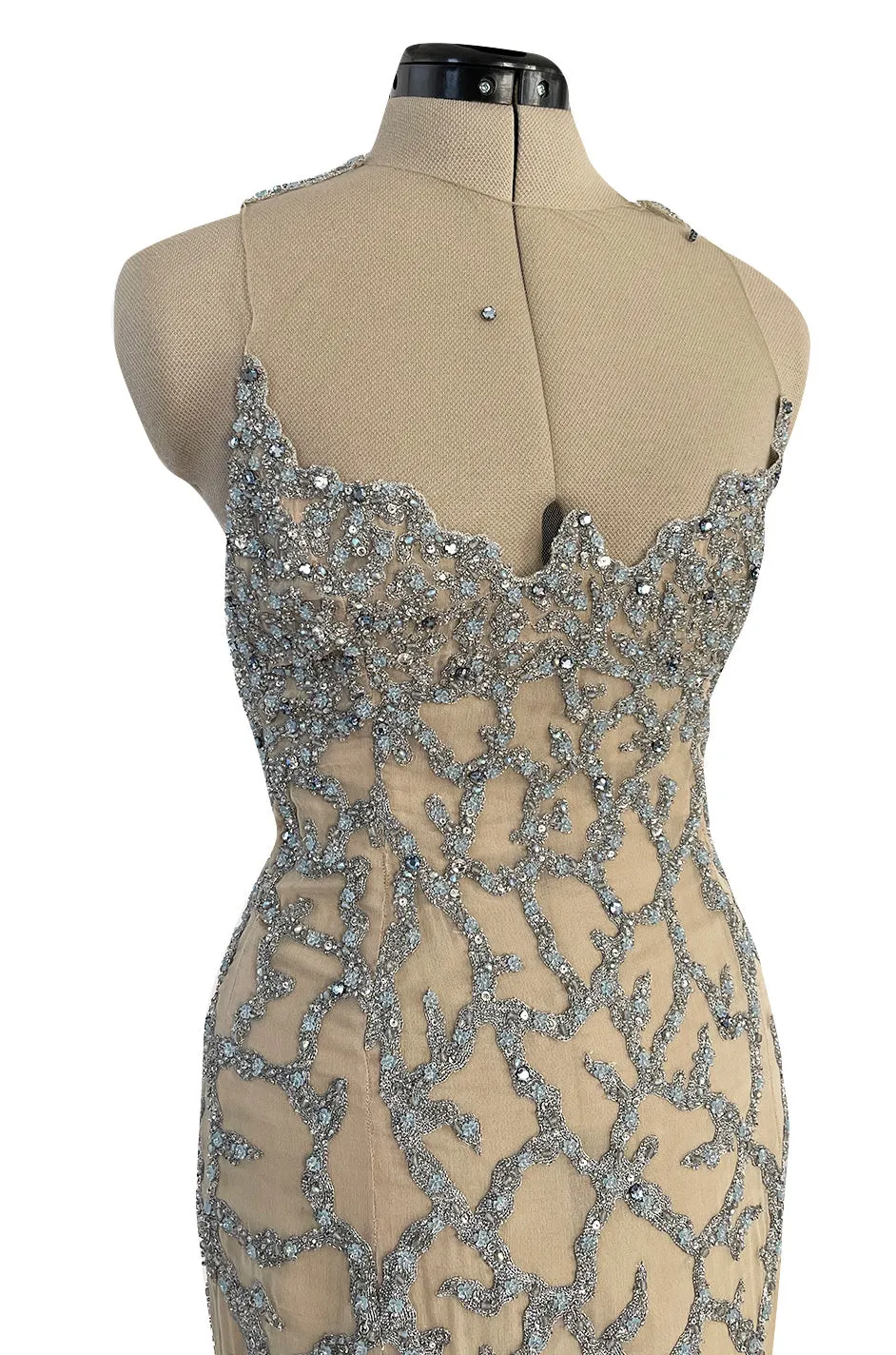 Exquisite 1985 John Anthony Nude Silk Chiffon & Net Dress w Silver Chain Rhinestones and Beads
