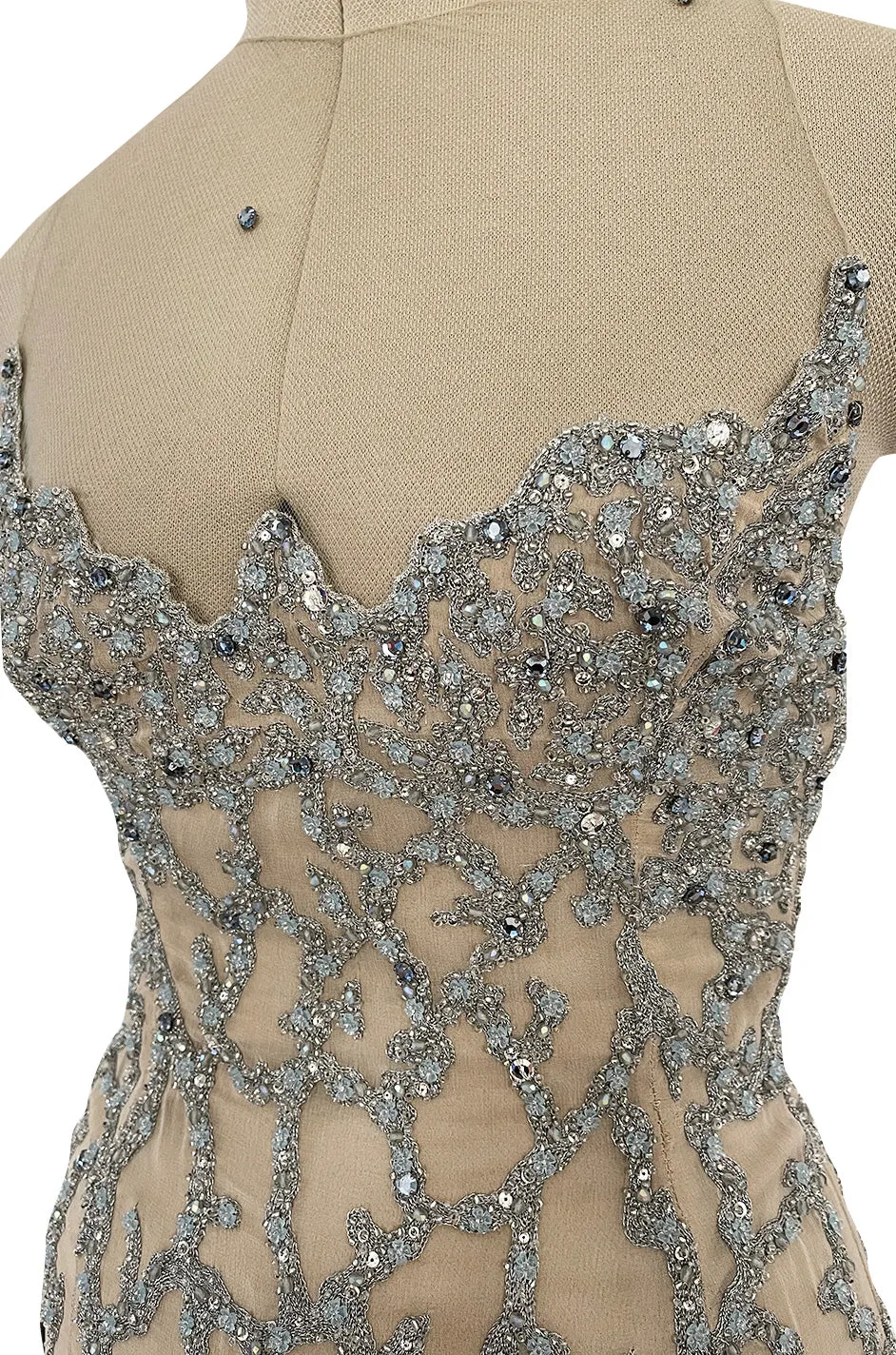 Exquisite 1985 John Anthony Nude Silk Chiffon & Net Dress w Silver Chain Rhinestones and Beads