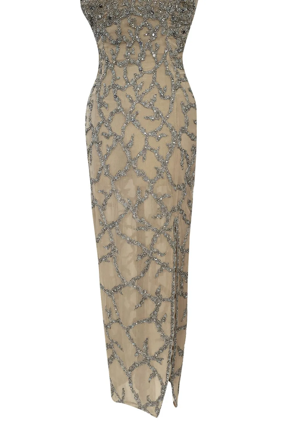 Exquisite 1985 John Anthony Nude Silk Chiffon & Net Dress w Silver Chain Rhinestones and Beads