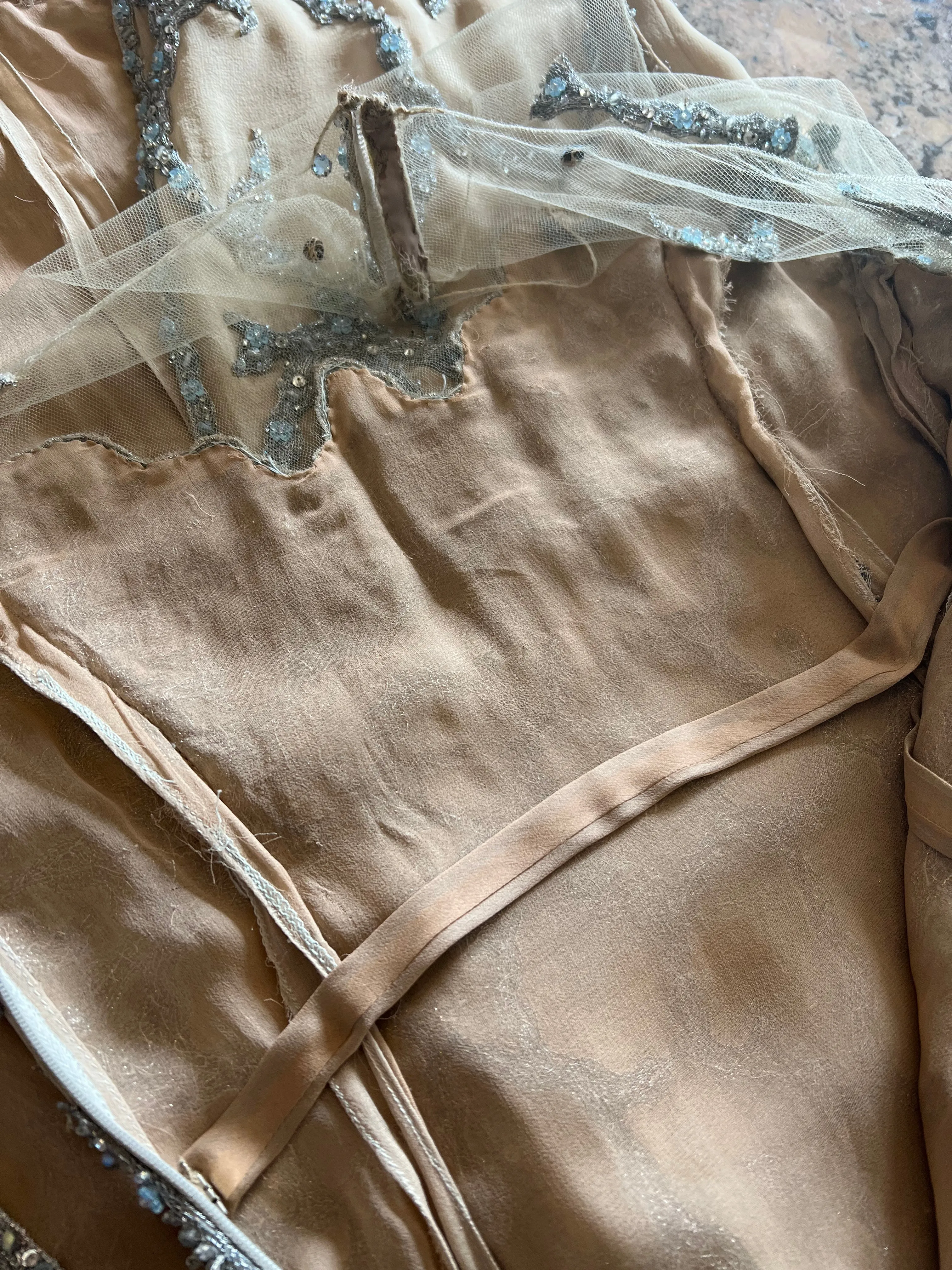 Exquisite 1985 John Anthony Nude Silk Chiffon & Net Dress w Silver Chain Rhinestones and Beads