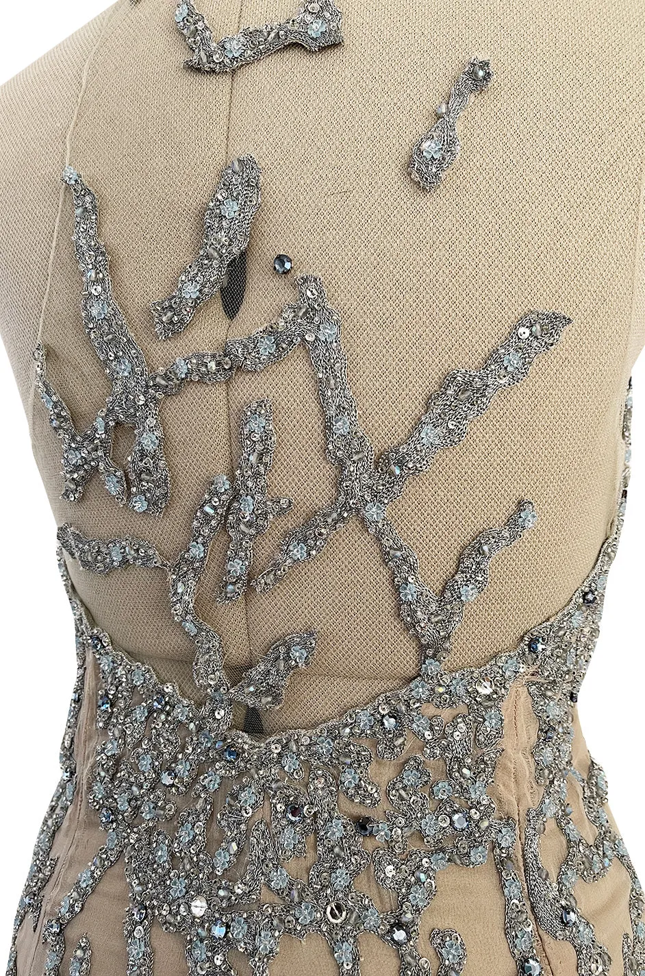Exquisite 1985 John Anthony Nude Silk Chiffon & Net Dress w Silver Chain Rhinestones and Beads