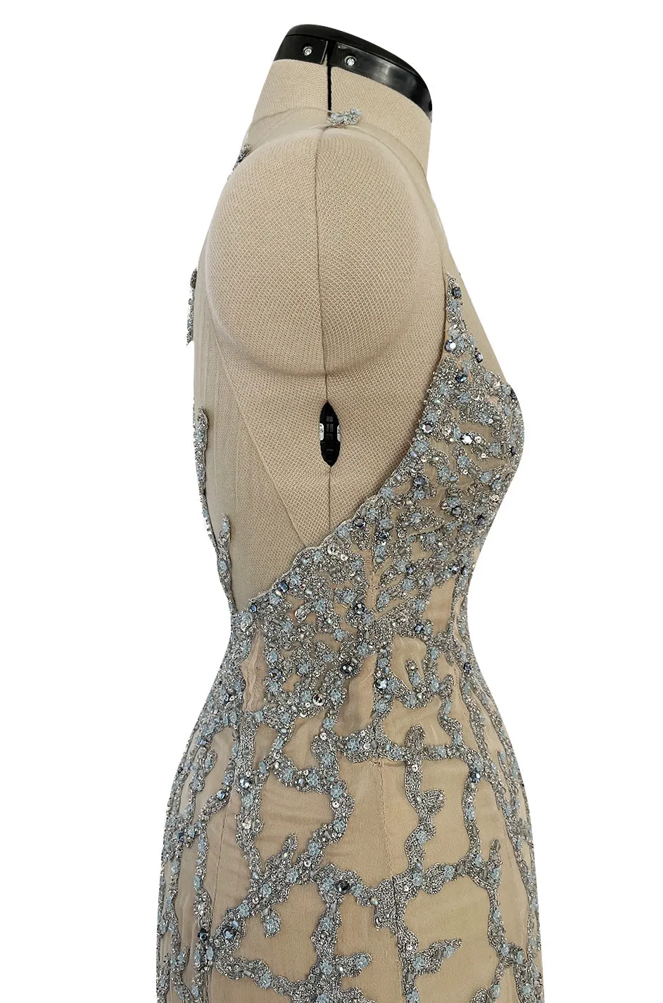 Exquisite 1985 John Anthony Nude Silk Chiffon & Net Dress w Silver Chain Rhinestones and Beads
